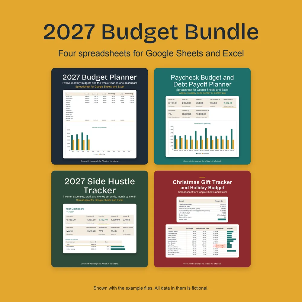 The 2027 Budget Bundle: the first screens of the 2027 Budget Planner, the Paycheck Budget and Debt Payoff Planner, the 2027 Side Hustle Tracker and the Holiday Gift Tracker