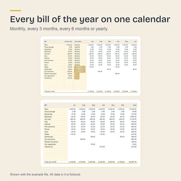 Bill Calendar with bills due monthly, every 3 months, every 6 months and yearly