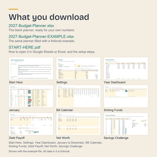 The three files in the download and previews of the planner tabs
