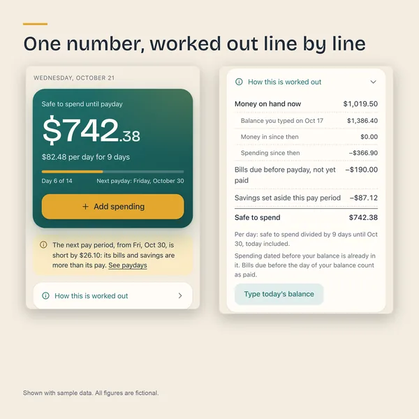 Two phone screens: the safe-to-spend figure, and the line-by-line breakdown of how it is worked out