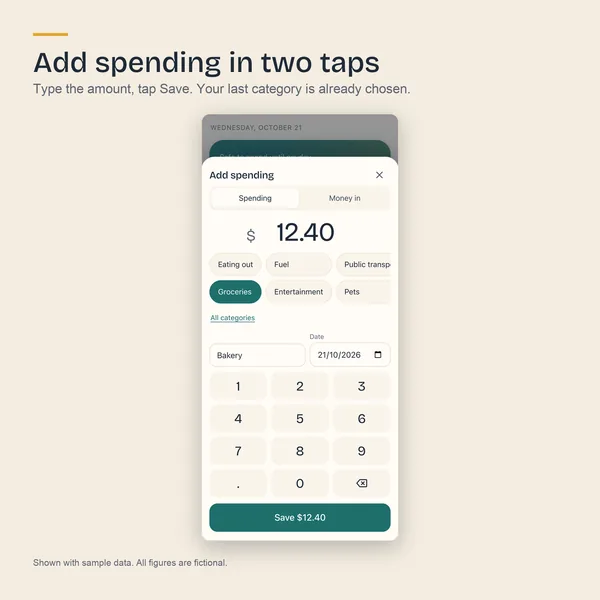 Add spending screen with an amount typed, category buttons, a number pad and a Save button