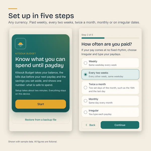 Setup screens: the welcome screen and the step that asks how often you are paid