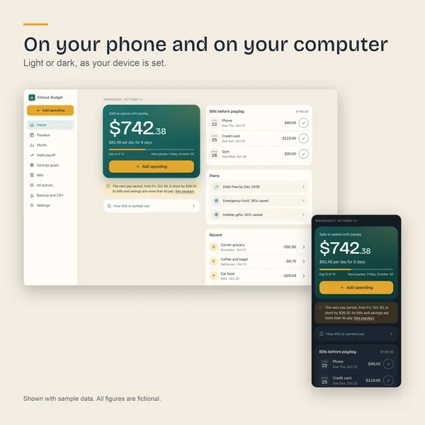 The app on a computer in light mode and on a phone in dark mode
