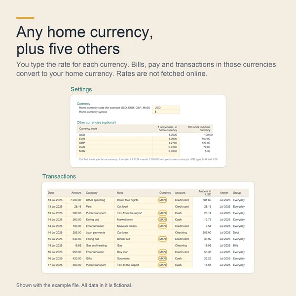 Currency settings with typed rates and transactions in Mexican pesos converted to dollars