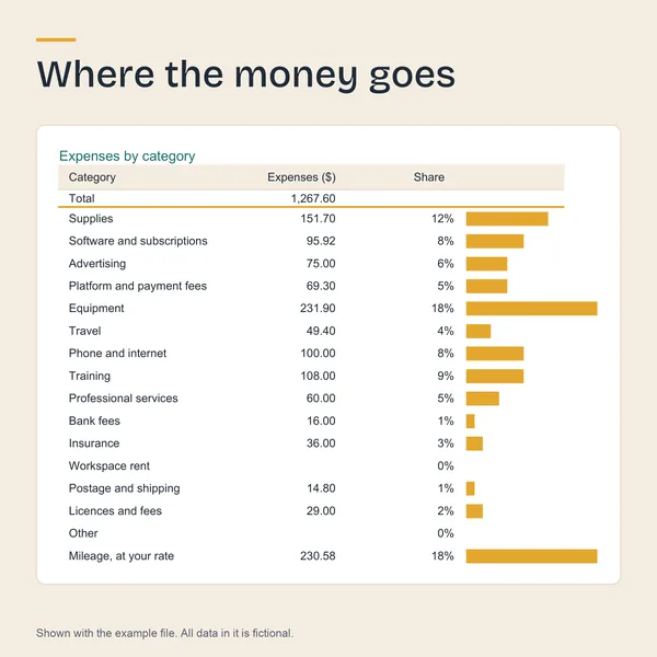 Expenses by category with amounts, shares and bars