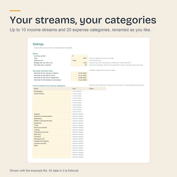The Settings tab with currency, year, rates, reminder dates, streams and categories