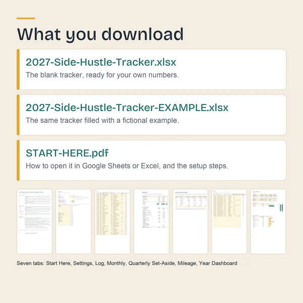 The three files in the download and previews of the seven tabs